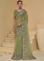 Pure Banarasi Tuscany Green Wedding Wear Moti Work Saree